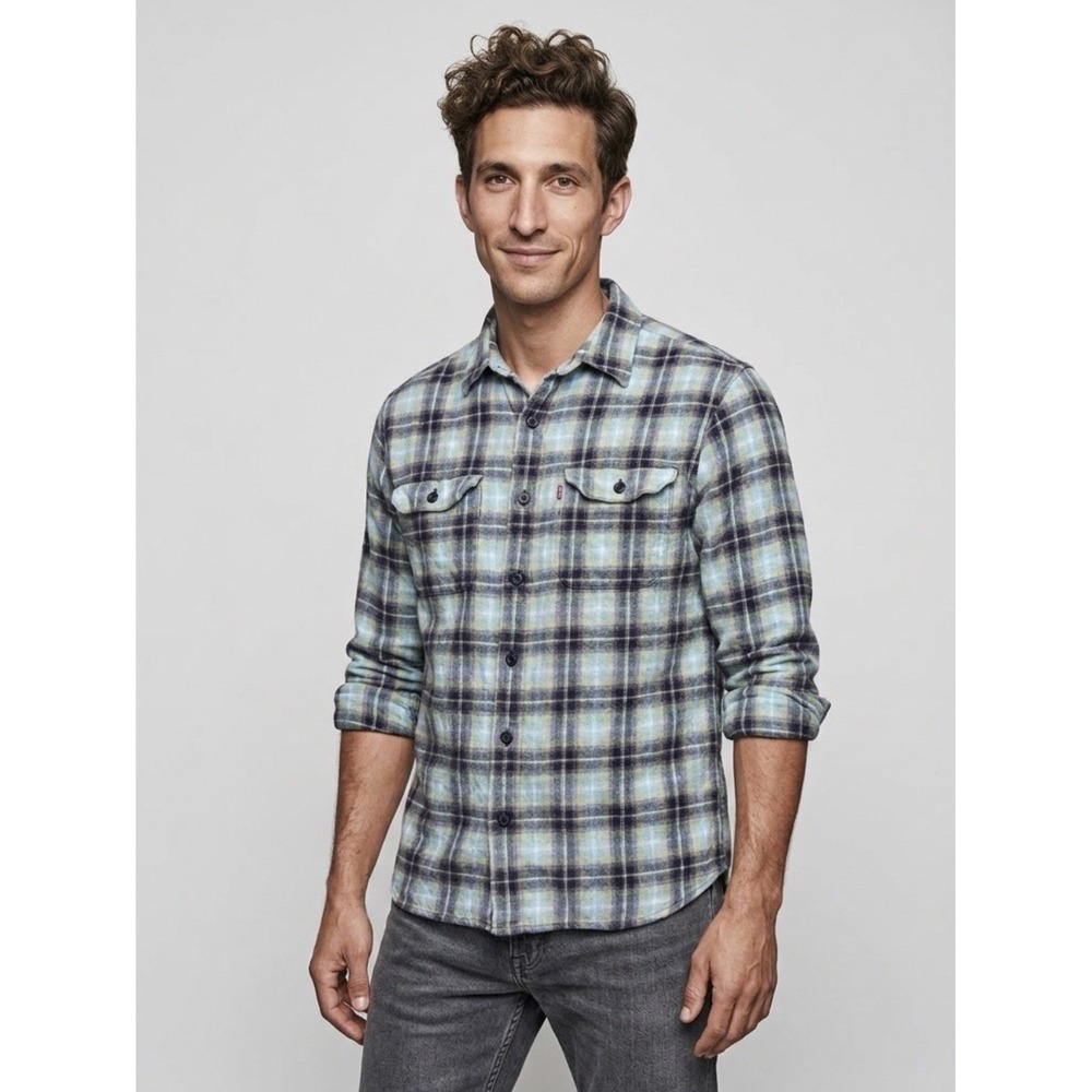 Levi's Mens The Worker Relaxed Sz L Green Blue Plaid Flannel Long Sleeve Shirt